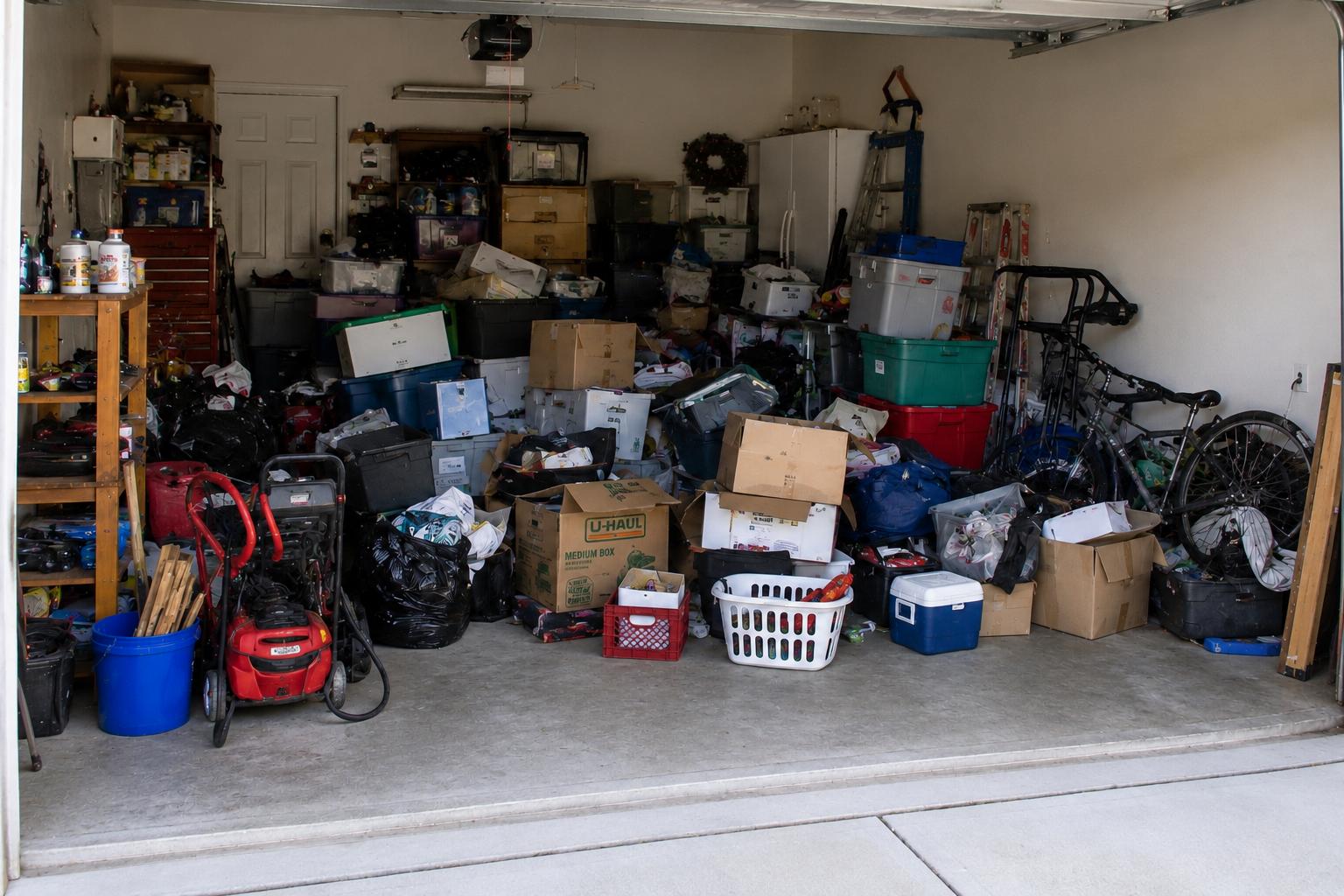Garage packed full of boxes, tools and clutter before a Get Junk Free cleanout