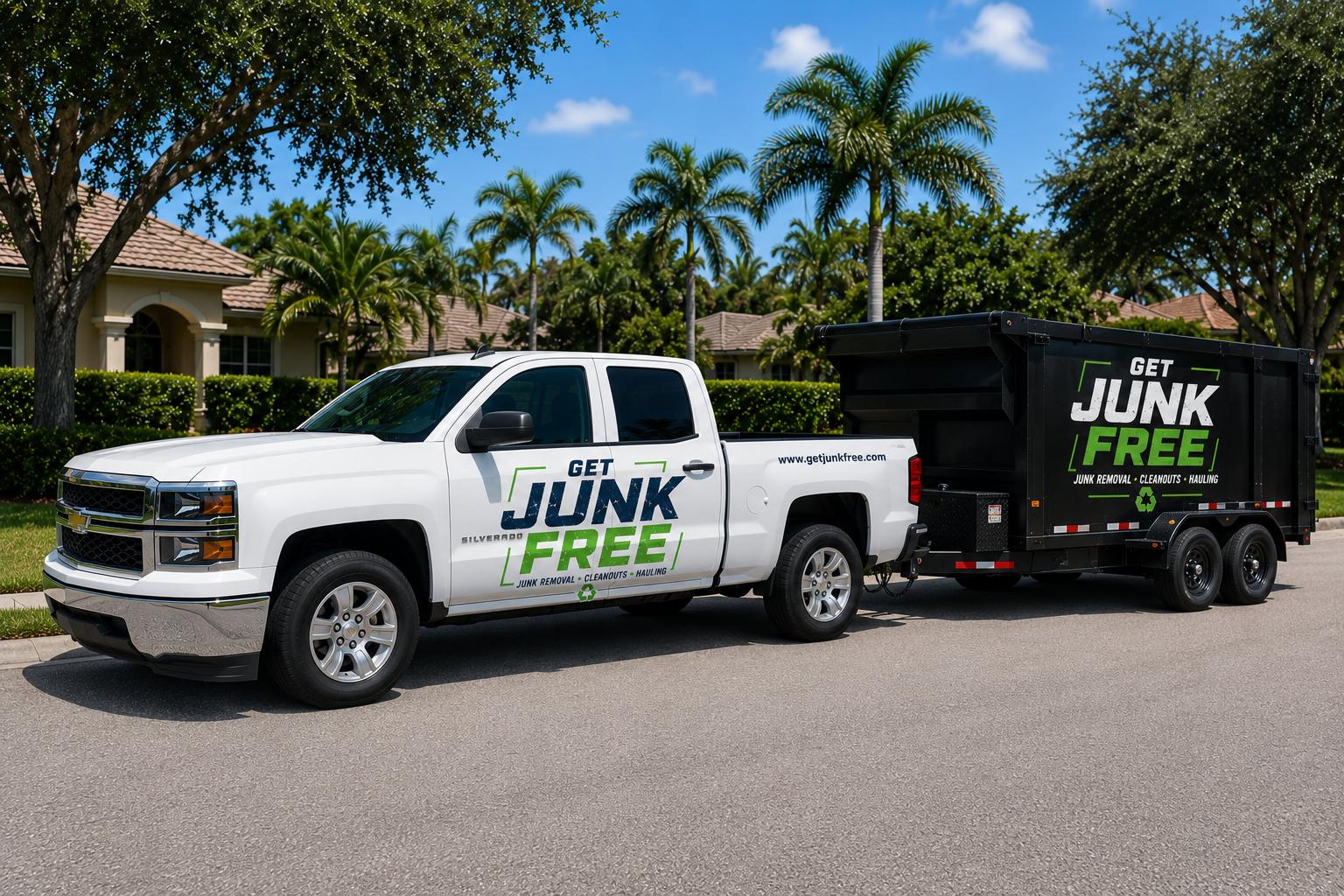 Get Junk Free LLC branded pickup truck and dump trailer parked in a Treasure Coast neighborhood
